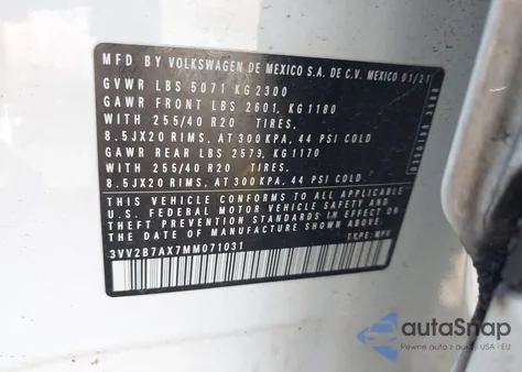 2021 Volkswagen Tiguan 2.0T Se/2.0T Se R-Line Black/2.0T Sel z USA, uszkodzony, nr VIN 3VV2B7AX7MM071031